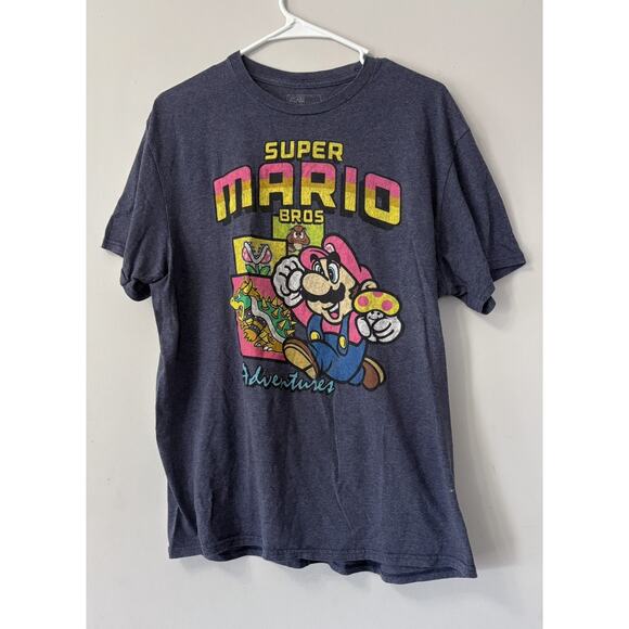 Super Mario Bros Adventures Shirt Mens Large Blue Nintendo Graphic Tee Bowser - Picture 1 of 4
